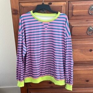 Pink And Blue Striped Long Sleeve Top With Yellow Trim Size XL NWOT